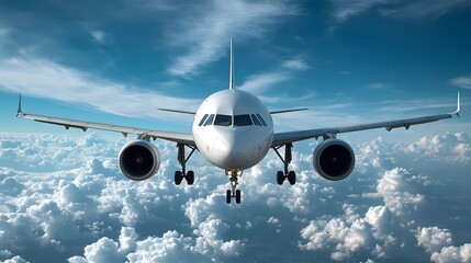 Commercial airplane flying against a bright blue sky with white fluffy clouds, captured from below on a clear summer day, showcasing jet silhouette and aerial travel concept.