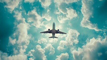 Obraz premium Commercial airplane flying against a bright blue sky with white fluffy clouds, captured from below on a clear summer day, showcasing jet silhouette and aerial travel concept.