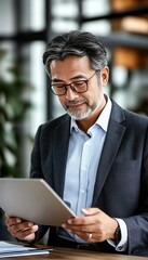 Fototapeta premium Confident Businessman Reviewing Documents on Tablet Finance, Technology And Success