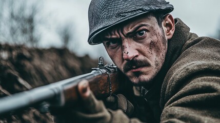 Fototapeta premium Soldier with Fixed Bayonet in Tense Moment