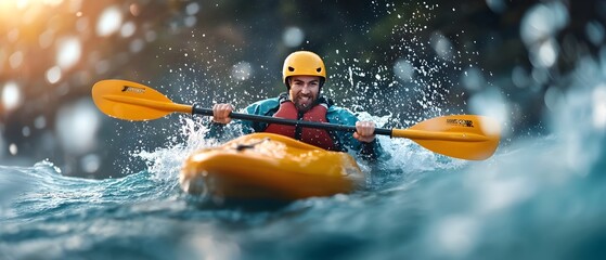 Fototapeta premium Adventurous kayaker braving wild river rapids showcasing powerful paddle strokes and intense water movement as they navigate the challenging and exhilarating whitewater environment