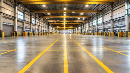 Fototapeta premium Spacious Industrial Warehouse with Bright Yellow Lines