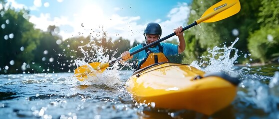 Fototapeta premium Extreme kayaker navigating turbulent river rapids surrounded by powerful splashes and dynamic movement Capturing the thrill and excitement of whitewater kayaking in a challenging natural environment