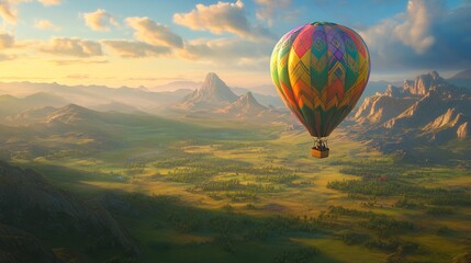 Naklejka premium Vibrant Rainbow Hot Air Balloon Over Scenic Landscape