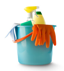 Plastic bucket with cleaning supplies isolated on white background