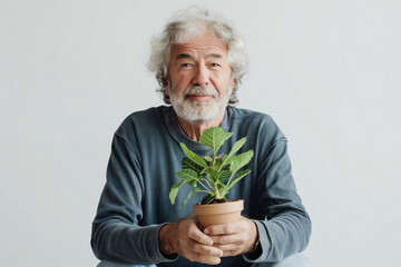 Smiling senior gardener holding a small plant in a terracotta pot, looking at the camera with a hopeful expression