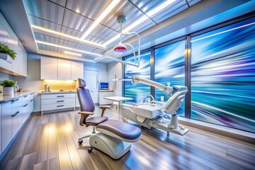 Obraz premium Captivating Long Exposure of a Modern Dental Clinic, Showcasing Advanced Equipment and Techniques for Oral Health Care, Highlighting the Art and Science of Dentistry in a Serene Environment