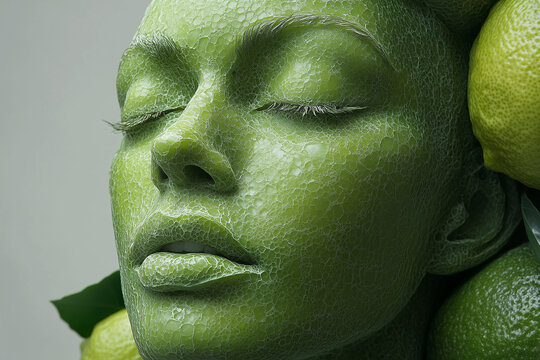 A stunning artistic representation of a woman's head created entirely from green fruits and leaves, showcasing creativity and nature's beauty