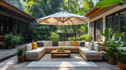 Fototapeta premium Luxury outdoor patio furniture with a modern wicker sofa set under a large cream umbrella, set in a lush tropical garden with potted plants and comfortable cushions.
