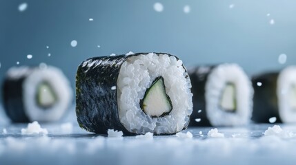 Stylized sushi rolls with rice and seaweed on a minimalist background, inspired by Japanese cuisine