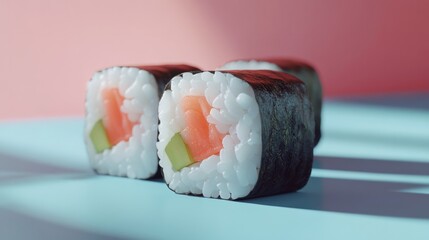 Stylized sushi rolls with rice and seaweed on a minimalist background, inspired by Japanese cuisine