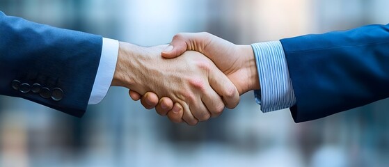 Obraz premium Two business executives shaking hands in front of a city skyline signifying the successful completion of a high stakes corporate merger or acquisition agreement