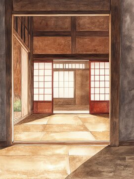 Traditional Japanese room with sliding doors, natural light illuminating wooden floors and minimalist decor.