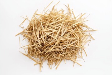 Close-up of hay pile. Light brown hay arranged in circular pattern, upright straws pointing to top right. White background contrasts with warm hay tones.