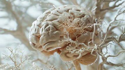 Close-up of human brain model with visible neural pathways, symbolizing cognitive changes and mental development, ideal for educational and scientific illustrations.