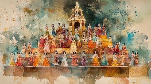  Traditional Dasara gombe habba (doll display) in gentle watercolors, rows of dolls arranged on stepped platform in festive style.
