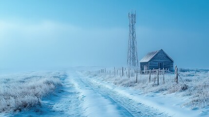  Snow-covered rural path leading to a lonely cabin under a pale blue winter sky. Frost blankets everything, evoking isolation, tranquility, and a serene winter atmosphere.