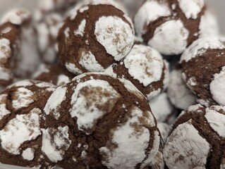 Batch of freshly baked chocolate crinkle cookies, covered in a powdered sugar crust that cracks beautifully over the soft, dark chocolate dough.