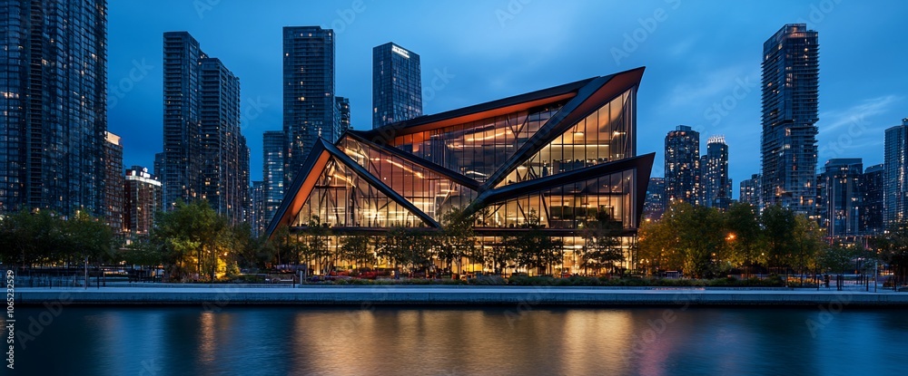 Poster Modern architecture building illuminated at dusk with city skyline in the background.
