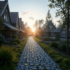 A stone pathway flanked by neatly lined homes and lush gardens, basking in the soft glow of the morning sun, represents an ideal peaceful neighborhood.