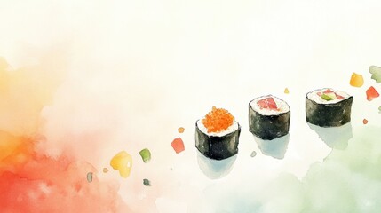 Watercolor of sushi roll ingredients floating on a subtle background, inspired by Japanese art