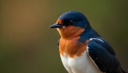 Fototapeta premium close-up portrait male barn vibrant blue head, orange throat, white belly blurred green background