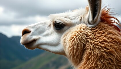 Obraz premium Close-up of Llama's Profile Showcasing Long Neck and Fluffy Fur Against Mountainous Landscape