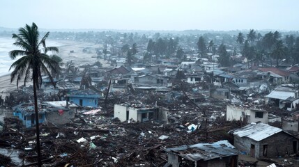 Obraz premium Aerial View of Coastal Town Devastated by Hurricane