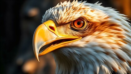 Fototapeta premium Bald Eagle close-up showcasing intricate feather details, sharp beak, eyes with blurred background