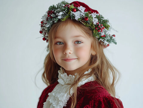 Beautiful cute little girl on white background, girl holiday atmosphere, Christmas beauty wallpaper