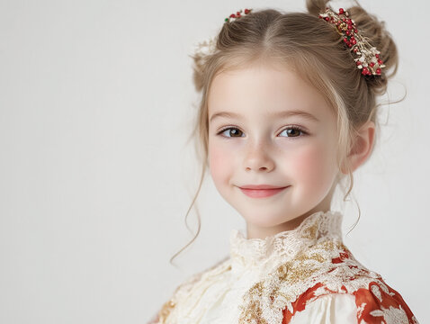 Beautiful cute little girl on white background, girl holiday atmosphere, Christmas beauty wallpaper
