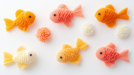 fish on white background, goldfish made from punch pompom, children's toy