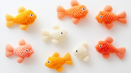 fish on white background, goldfish made from punch pompom, children's toy