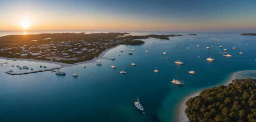 Fototapeta premium A Low Oblique Aerial View of Crab Island Boats Crowd the Vibrant Sandbar.