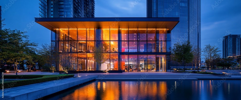 Poster modern glass building with a reflecting pool in front of it at dusk.