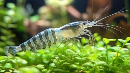 A blue striped shrimp swims through lush green plants.