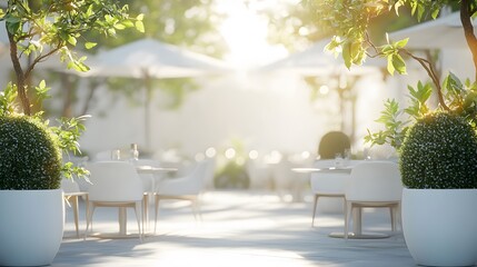 Fototapeta premium Outdoor café terrace bathed in bright sunlight with white garden umbrellas, modern white furniture, potted topiary plants, and a clean minimalist design for an elegant dining space.