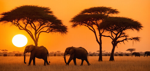 A vast African savanna with tall golden grass, acacia trees, and a herd of elephants grazing as the...