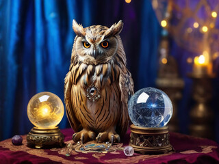  animal bird owl fortune teller with crystal magic ball AI generated