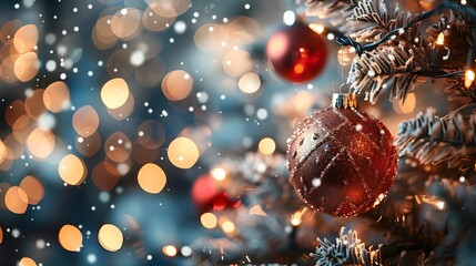 A dazzling Christmas tree with shiny baubles, highlighted by a background of blurred, shimmering lights. The soft glow adds to the magic of the festive season. 