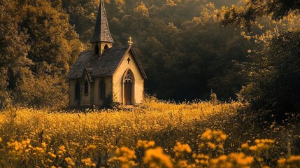 Stone Chapel with Steeple in a Field of Yellow Flowers