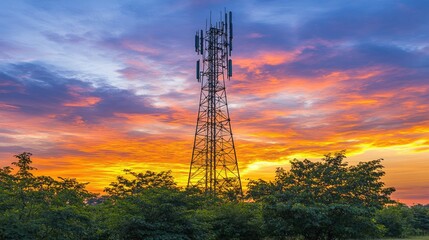 Sunset Over a Communications Tower in Nature