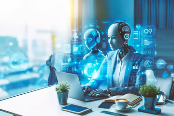 A cyberwoman works in an office at a computer. The concept of replacing part of the functions and professions with artificial intelligence.