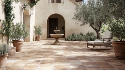 Fototapeta premium Mediterranean Style Patio with Terracotta Tiles, Small Fountain, Potted Olive Trees