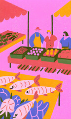 Obraz premium Vibrant Market Scene with Fish and Vegetables in Pink and Yellow Tones