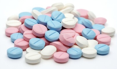 a pile of multicolored pills sitting on top of a pile of white and blue pills on top of each other