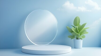 A modern display with a circular mirror and a potted plant against a blue wall with clouds.
