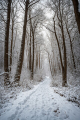snowy pathway in a winter forest with bare trees and soft snow covering the ground
