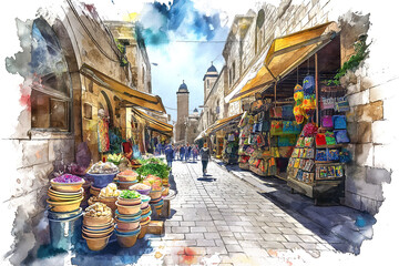 Fototapeta premium Watercolor illustration of Jerusalem street. Vibrant view of the souvenir market in the old city, filled with colorful trinkets and historic charm.