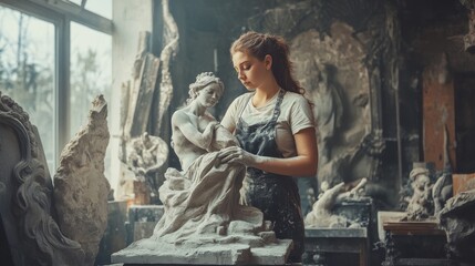 Fototapeta premium Masterful Artistry Unveiled: Skilled Woman Artist Sculpting Realistic Statue with Creativity and Craftsmanship